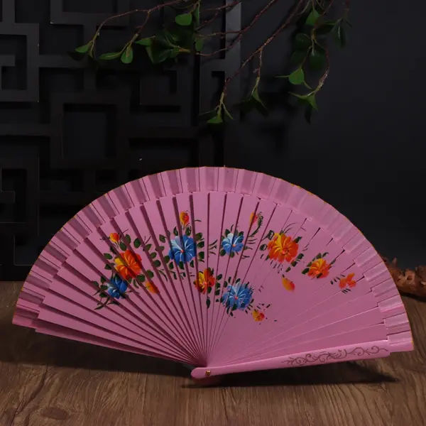 Wooden Folding Fan with Floral Design - Image 12