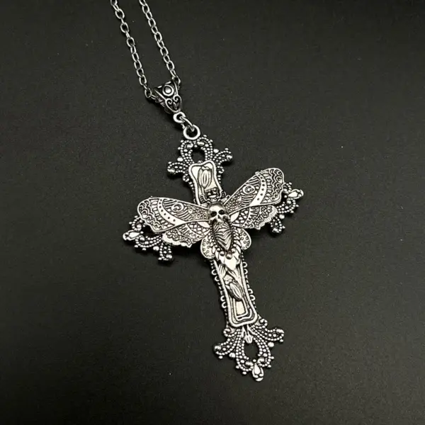 Gothic Cross Moth Pendant Necklace 50cm - Image 3