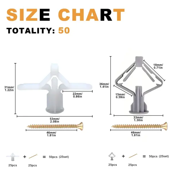50pcs Nylon Drywall Anchor and Screw Kit - Image 2