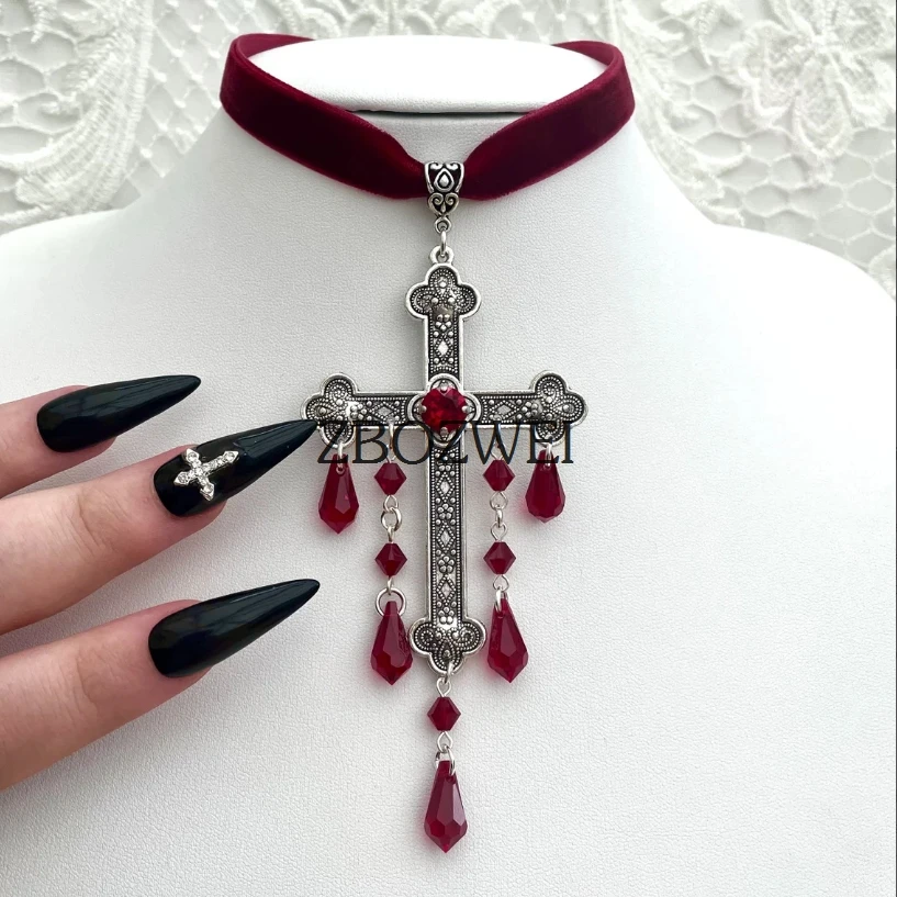 Neo-Gothic Red Velvet Cross Choker 22 Neo-Gothic Red Velvet Cross Choker - Image 22