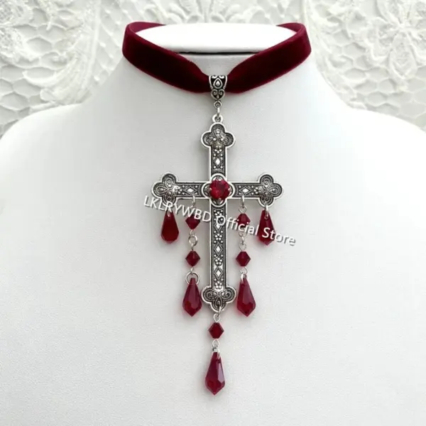 Large Red Gothic Cross Velvet Choker - Image 2
