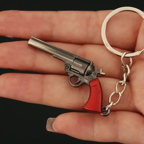 Mini Metal Revolver Keychain 5cm Silver Red - Image 2