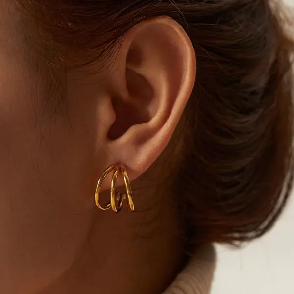 Glossy Three-Line Stud Earrings in Gold - Image 4