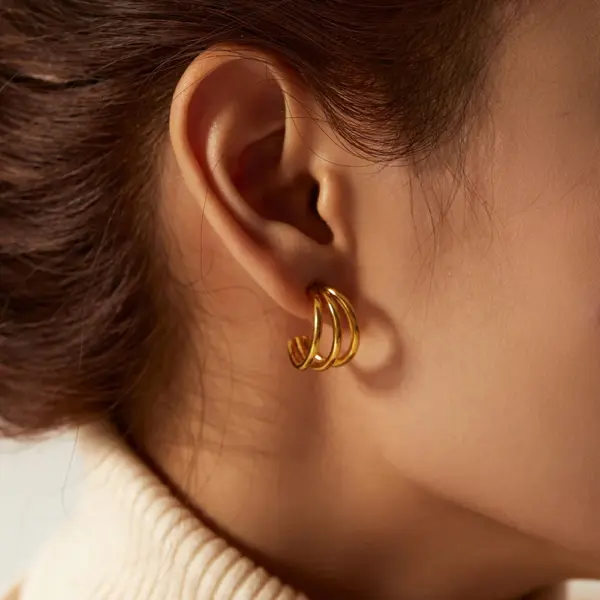 Glossy Three-Line Stud Earrings in Gold - Image 6