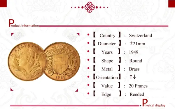 Switzerland 1949 20 Francs Gold Replica Coin - Image 3