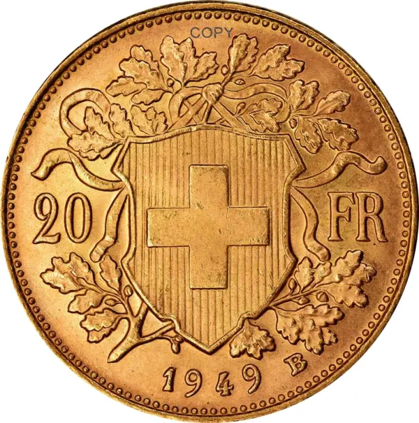Switzerland 1949 20 Francs Gold Replica Coin - Image 2