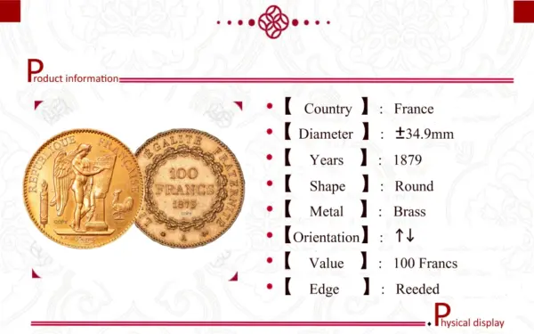 1879 100 Francs Gold Replica Coin - Image 3