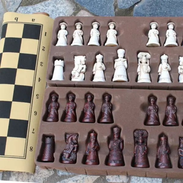 Antique Resin Chess Set with Leather Board - Image 4
