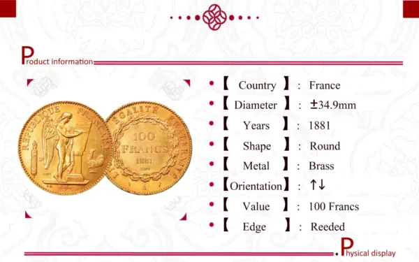 1881 100 Francs Gold Replica Coin - Image 3