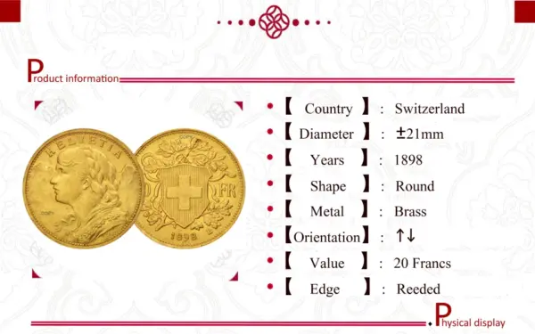 Switzerland 20 Francs 1898 Replica Coin - Image 4