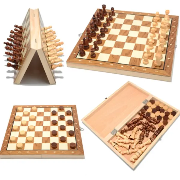 Portable Wooden 2 in 1 Chess Board Set - Image 6