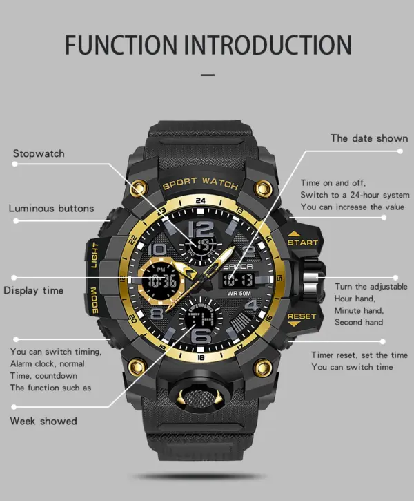 SANDA 6021 Men's Waterproof Dual Display Watch - Image 4
