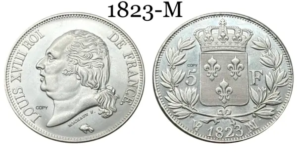 1823 Louis XVIII Silver Plated 5 Francs Coin - Image 8