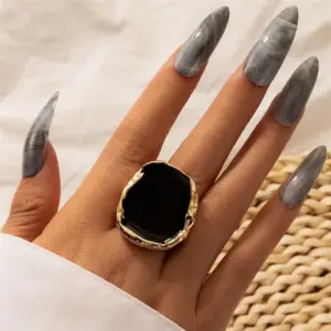 Vintage Black Enamel Ring with Geometric Design
