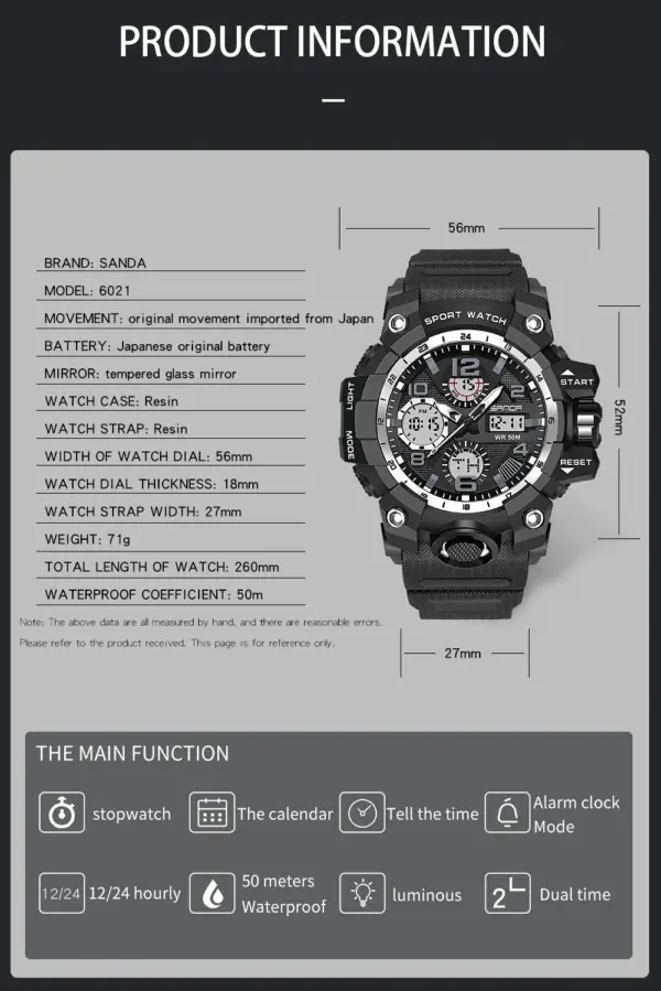 SANDA 6021 Men's Waterproof Dual Display Watch - Image 5