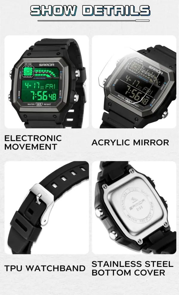 SANDA 6196 Square Men's Digital Wristwatch - Image 5