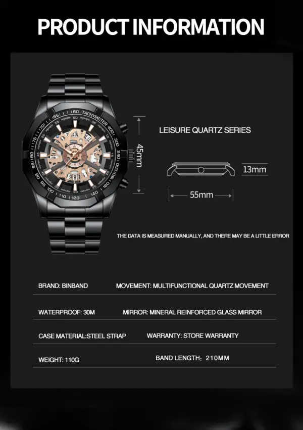 Luxury BINBOND S033 Men's Quartz Watch Blue - Image 3
