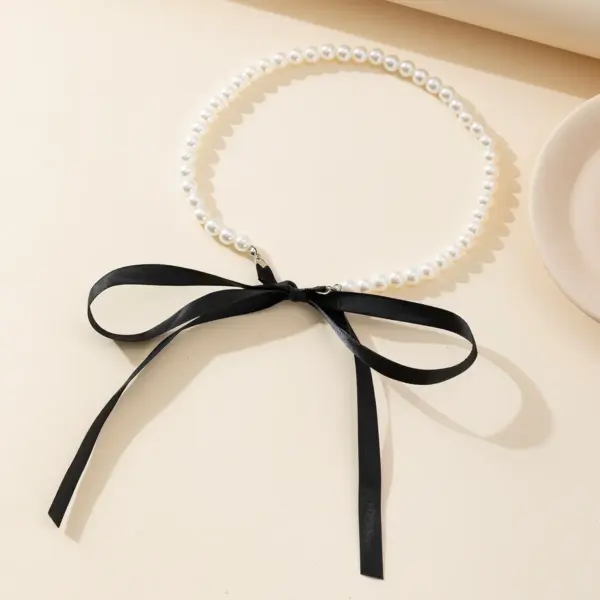 Elegant Black Ribbon Choker Necklace with Pearls - Image 4