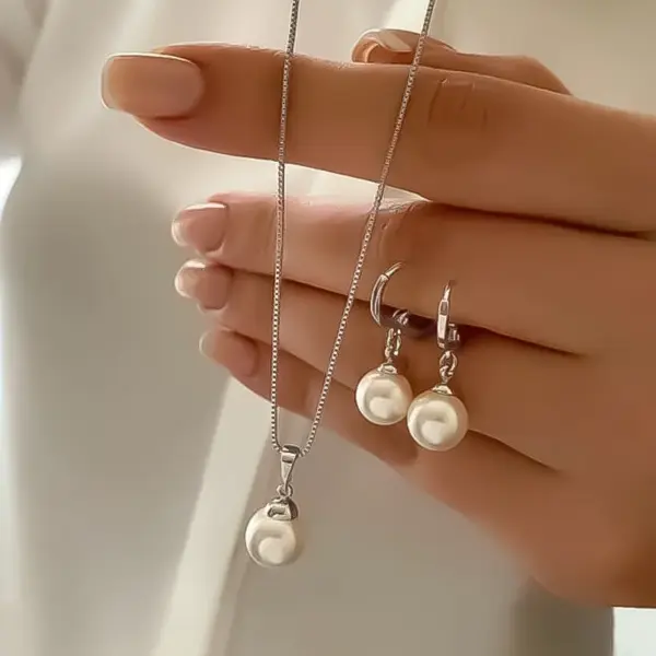 Vintage Pearl Jewelry Set with Earrings and Necklace - Image 4