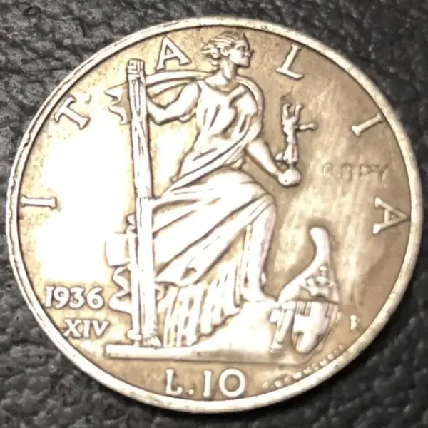 1936 Italy 10 Lire Silver Plated Replica Coin - Image 3