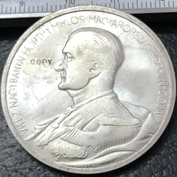 1938 Hungary 5 Pengo Miklos Horthy Replica Coin - Image 3