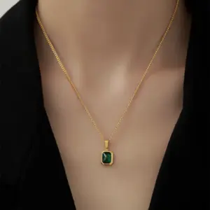 Vintage Green Zircon Square Pendant Necklace