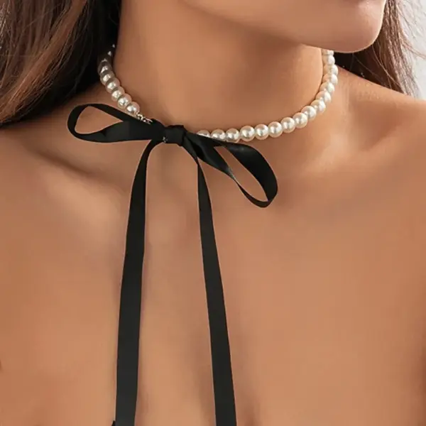 Elegant Black Ribbon Choker Necklace with Pearls - Image 2