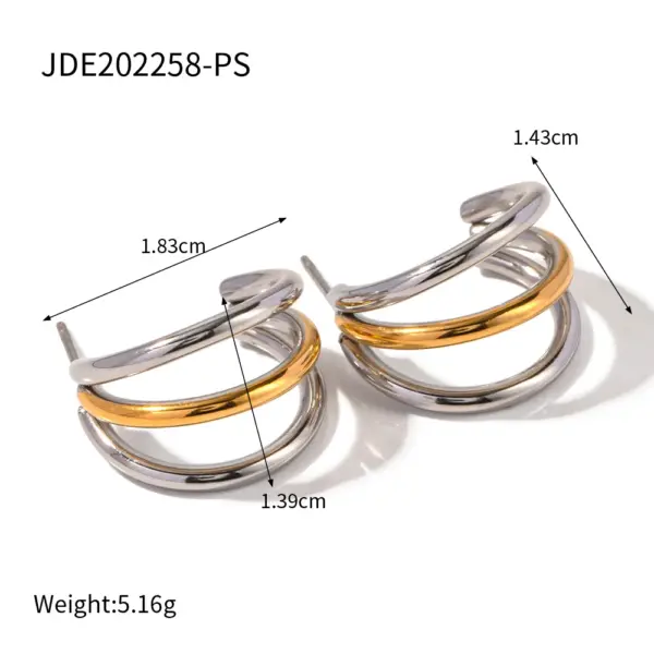 Glossy Three-Line Stud Earrings in Gold - Image 9