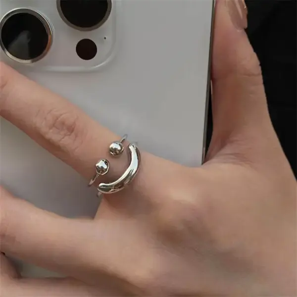Silver Smiley Face Adjustable Ring for Women - Image 3