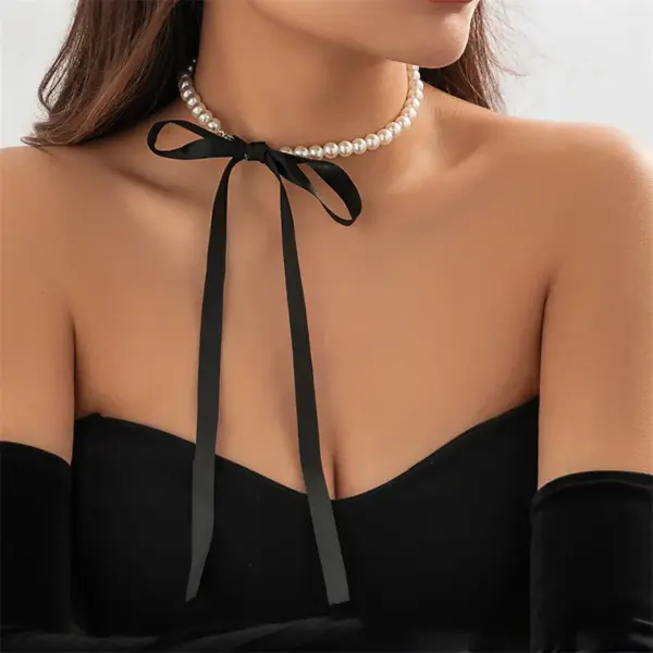 Elegant Black Ribbon Choker Necklace with Pearls - Image 3