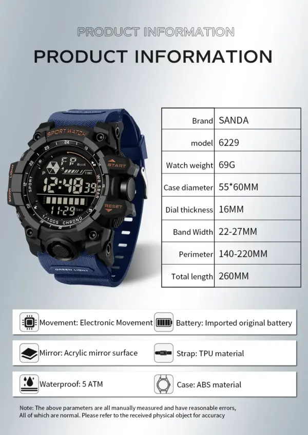 SANDA 6229 Digital Sports Watch Luminous Features - Image 5