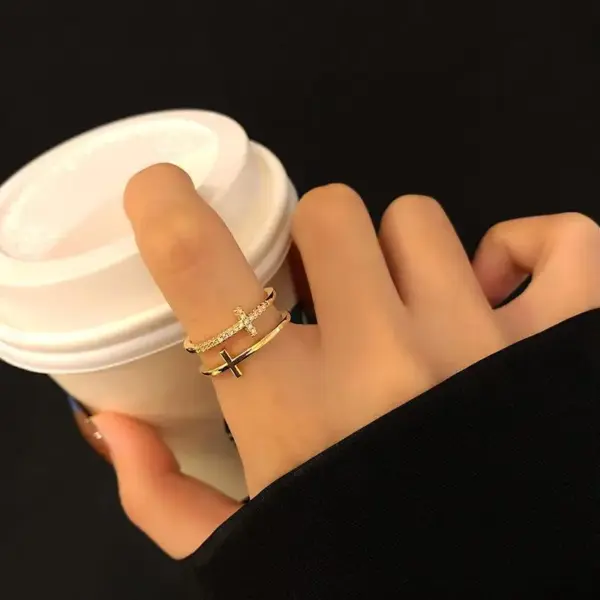 Adjustable Double-Layer Cross Zircon Ring - Image 2