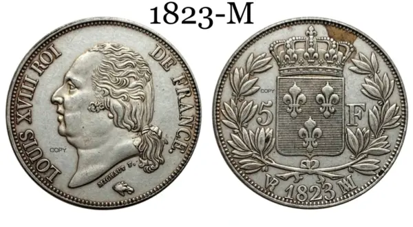 1823 Louis XVIII Silver Plated 5 Francs Coin - Image 7