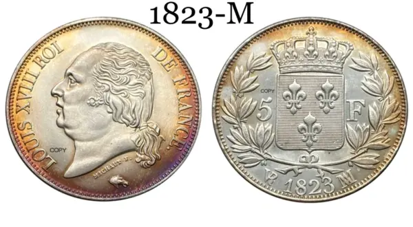 1823 Louis XVIII Silver Plated 5 Francs Coin - Image 9