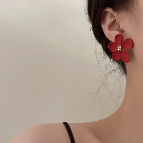 Big Red Flower Stud Earrings for Women - Image 3