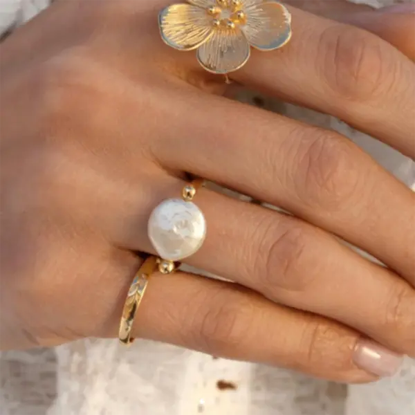 Gold Plated Stainless Steel Pearl U-shaped Ring - Image 3