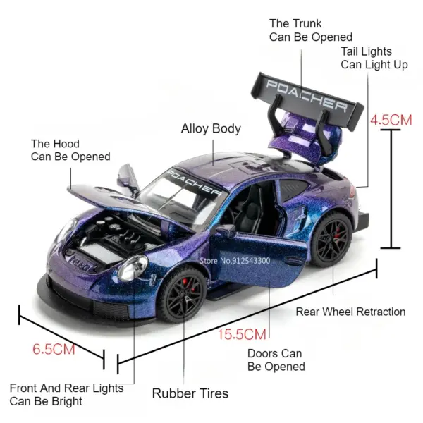 1:32 Scale Porsche GT3-RS Model Car with Sound - Image 2
