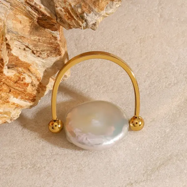 Gold Plated Stainless Steel Pearl U-shaped Ring - Image 5