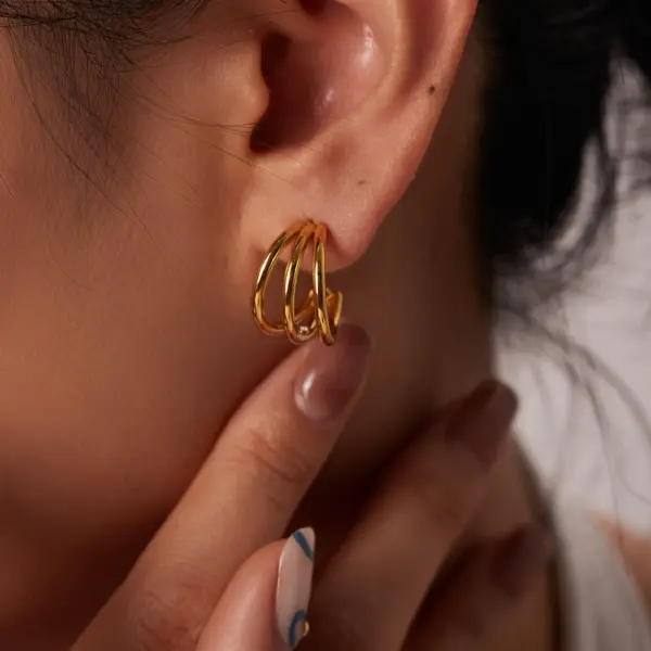 Glossy Three-Line Stud Earrings in Gold - Image 2