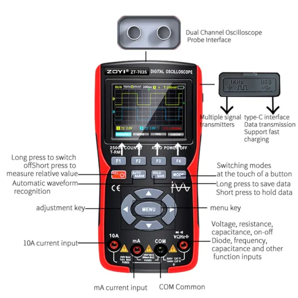 3-in-1 Digital Oscilloscope Multimeter ZT703S - Image 3