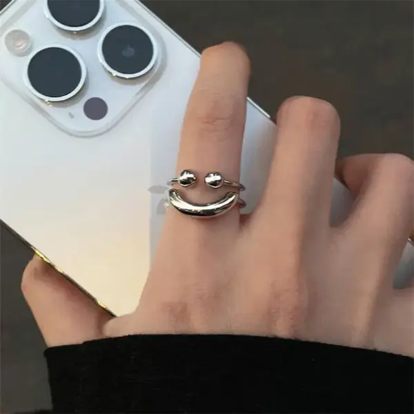 Silver Smiley Face Adjustable Ring for Women - Image 2
