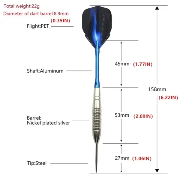 3pcs 22g Silver Torpedo Darts with Blue Rods - Image 2