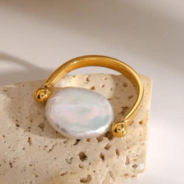 Gold Plated Stainless Steel Pearl U-shaped Ring - Image 6