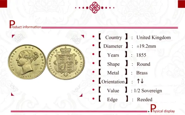 1865 British Victoria Gold Brass Commemorative Coin - Image 6