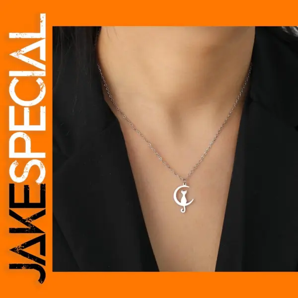 Moon Cat Pendant Necklace in Stainless Steel