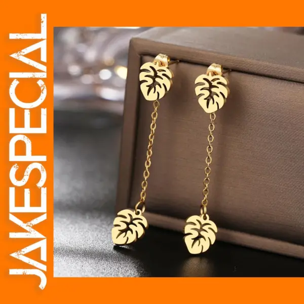 Stainless Steel Leaf Tassel Drop Earrings