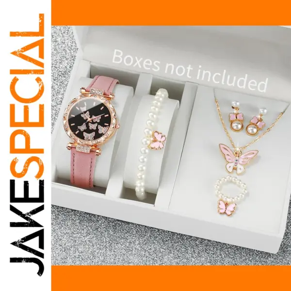 Pink Leather Watch and Jewelry Set V248