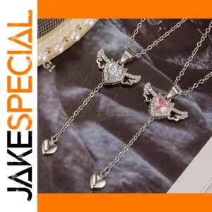925 Sterling Silver Heart Angel Wings Pendant Necklace
