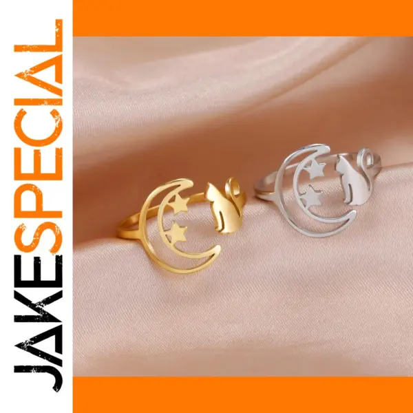 Crescent Moon Star Cat Ring for Women