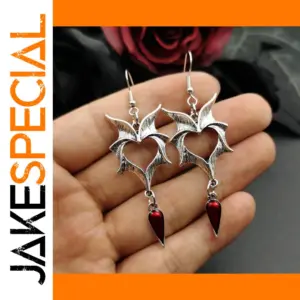 Gothic Heart Drop Earrings with Bat Wings